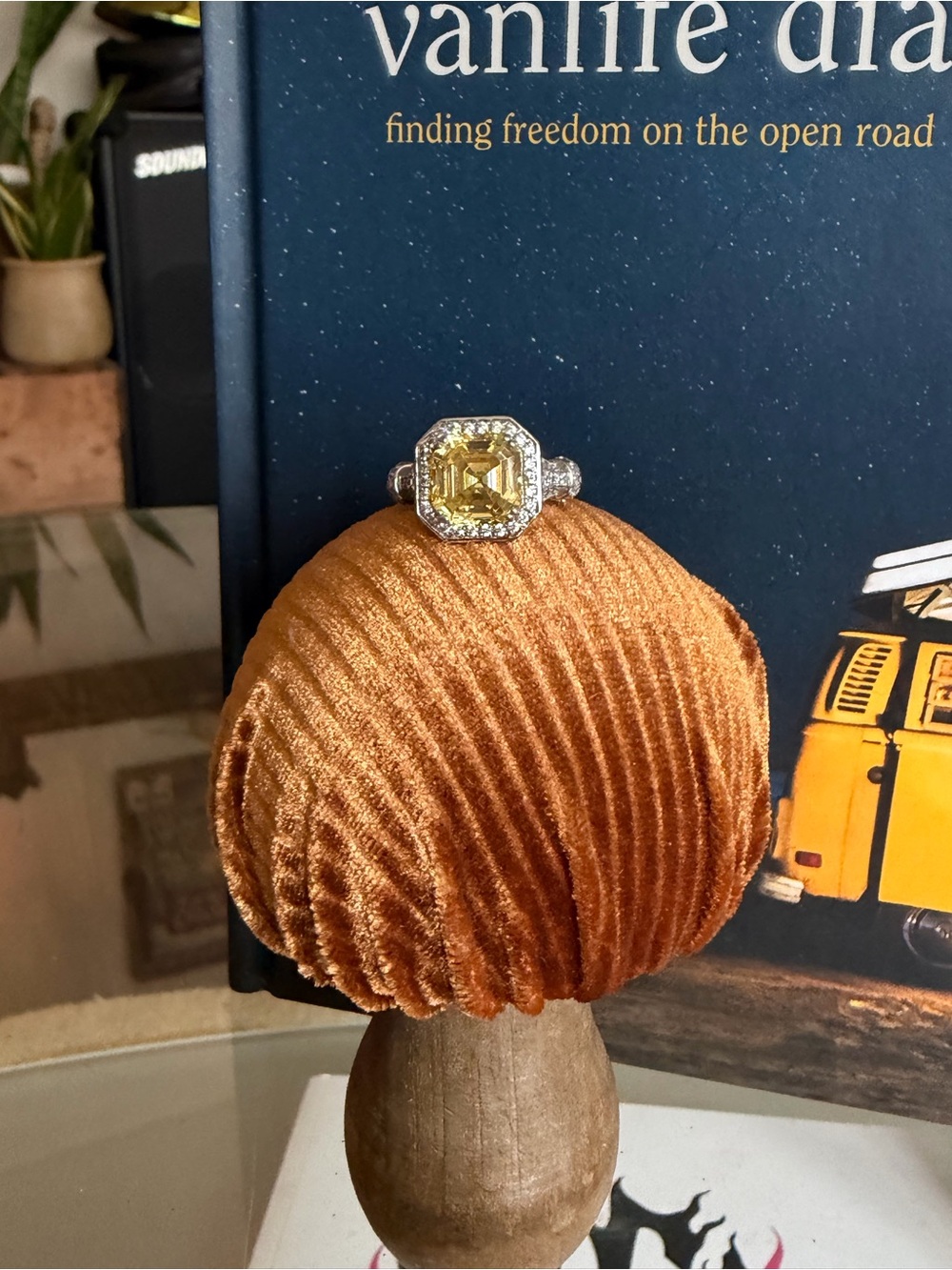 Diamonique Yellow Halo Ring with Silver Band